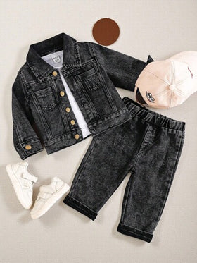 SHEIN Playful Pals مجموعة قميص جاكيت جينز منزلق أسود ورد غسيل متقطع، وبنطال جينز محروق مغسول بينهما للأولاد الرضع، طقم كاجوال موضة مناسب للربيع والخريف والجميع المواسم
