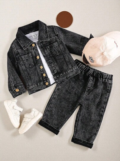 SHEIN Playful Pals مجموعة قميص جاكيت جينز منزلق أسود ورد غسيل متقطع، وبنطال جينز محروق مغسول بينهما للأولاد الرضع، طقم كاجوال موضة مناسب للربيع والخريف والجميع المواسم