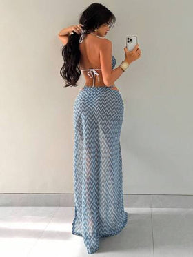 Bonvoyette 3 قطعة/مجموعة مجموعة بيكيني مخطط نسائية ذات زخرفة صدفية متموجة مكشوفة الظهر، مع فستان شاطئ مماثل
