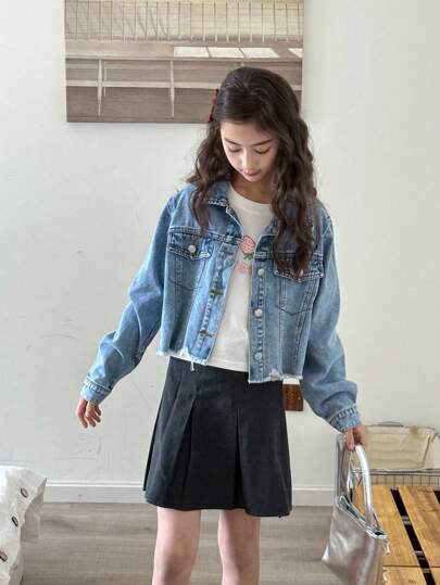 SHEIN معطف جينز للفتيات، تصميم مشدود مشعر مناسب للارتداء في الشارع، غسيل فاتح بتصميم قصير متعدد الاستخدامات، وصول جديد