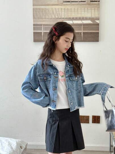 SHEIN معطف جينز للفتيات، تصميم مشدود مشعر مناسب للارتداء في الشارع، غسيل فاتح بتصميم قصير متعدد الاستخدامات، وصول جديد