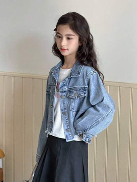 SHEIN معطف جينز للفتيات، تصميم مشدود مشعر مناسب للارتداء في الشارع، غسيل فاتح بتصميم قصير متعدد الاستخدامات، وصول جديد