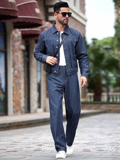 Manfinity Homme طقم ملابس رجالي كاجوال من جاكيت مخططة وبنطلون جينز، للخروج والتنقل والعمل في المدينة، موسم الخريف