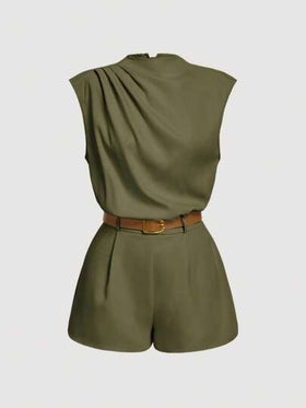 SHEIN MOD بدلة قصيرة ذات رقبة مرتفعة لون سادة مع جيب وحزام