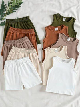SHEIN Vintaside Kids 10 قطعة مجموعة ملابس صيفية للأطفال الرضع الجنسين، تتكون من بلوزات بياقة دائرية باللون الأسود والأبيض والرمادي والأزرق والأخضر الرمادي مع شورتات فضفاضة مطابقة، بتصميم بسيط، مناسبة للعب في الخارج والارتداء اليومي للأطفال الرضع