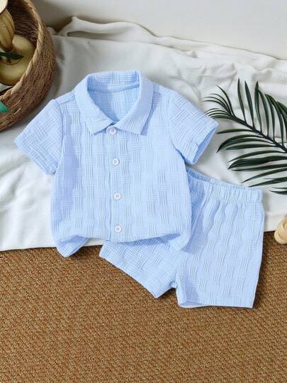 SHEIN Vintaside Kids طقم ملابس شارع أزياء بنطلون وقميص ذو ملمس للأطفال الصبية 2 قطعة
