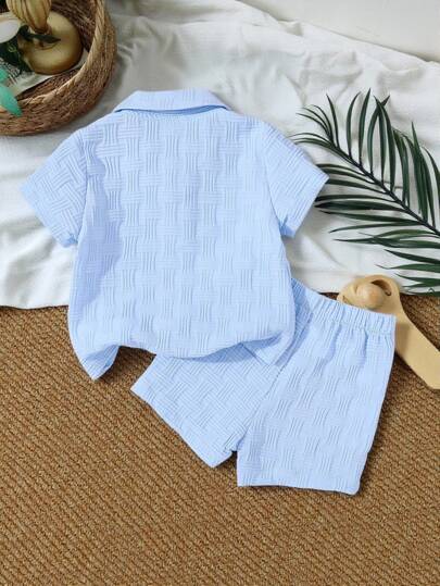 SHEIN Vintaside Kids طقم ملابس شارع أزياء بنطلون وقميص ذو ملمس للأطفال الصبية 2 قطعة