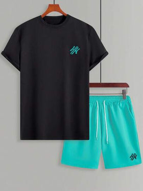 Manfinity Homme مجموعة تيشيرت كم قصير رقبة دائرية مطبوع وشورت صيفي كاجوال للرجال ، أزياء صيفية للرجال ، ملابس صيفية للرجال ، أطقم ملابس صيفية للرجال