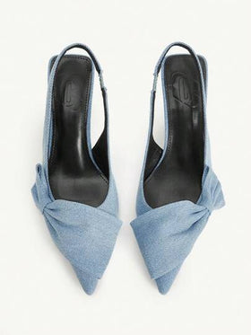 CUCCOO CHICEST حذاء كعب كعب قطة أنيقة رومانسية للنساء بفيونكة وأصبع قدم مدبب، من قماش أزرق فاتح، بتصميم سهل الارتداء، مناسبة لحفلات الشاي بعد الظهر والمواعيد والحفلات والإطلالات الأنيقة في فصلي الخريف والشتاء