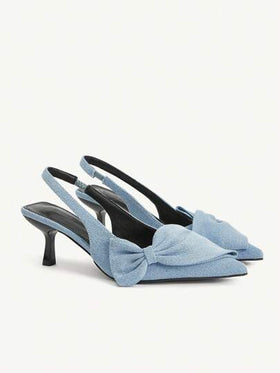 CUCCOO CHICEST حذاء كعب كعب قطة أنيقة رومانسية للنساء بفيونكة وأصبع قدم مدبب، من قماش أزرق فاتح، بتصميم سهل الارتداء، مناسبة لحفلات الشاي بعد الظهر والمواعيد والحفلات والإطلالات الأنيقة في فصلي الخريف والشتاء