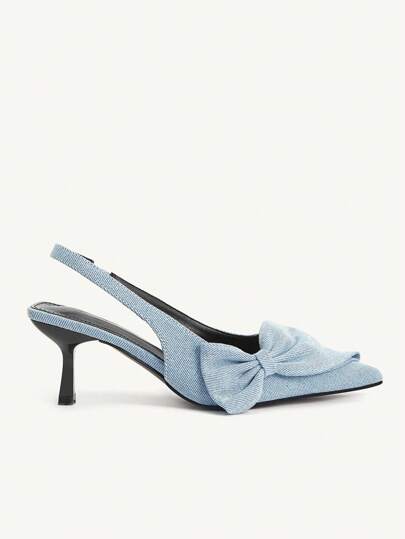 CUCCOO CHICEST حذاء كعب كعب قطة أنيقة رومانسية للنساء بفيونكة وأصبع قدم مدبب، من قماش أزرق فاتح، بتصميم سهل الارتداء، مناسبة لحفلات الشاي بعد الظهر والمواعيد والحفلات والإطلالات الأنيقة في فصلي الخريف والشتاء