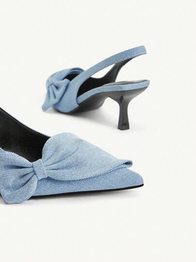 CUCCOO CHICEST حذاء كعب كعب قطة أنيقة رومانسية للنساء بفيونكة وأصبع قدم مدبب، من قماش أزرق فاتح، بتصميم سهل الارتداء، مناسبة لحفلات الشاي بعد الظهر والمواعيد والحفلات والإطلالات الأنيقة في فصلي الخريف والشتاء