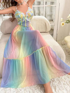 SHEIN قميص نوم طويل من الشبك مزين بالنقشة المطرزة وتصميم عظمة السمك للوسط بطبعة أومبر متدرجة الألوان