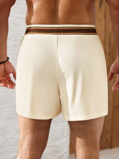 Manfinity Swimmode شورت شاطئ رجالي لفصل الصيف بخصر ربطة سحاب، مطبوع بأشجار جوز الهند والأحرف