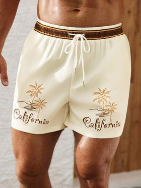 Manfinity Swimmode شورت شاطئ رجالي لفصل الصيف بخصر ربطة سحاب، مطبوع بأشجار جوز الهند والأحرف