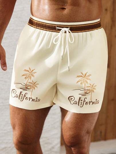 Manfinity Swimmode شورت شاطئ رجالي لفصل الصيف بخصر ربطة سحاب، مطبوع بأشجار جوز الهند والأحرف