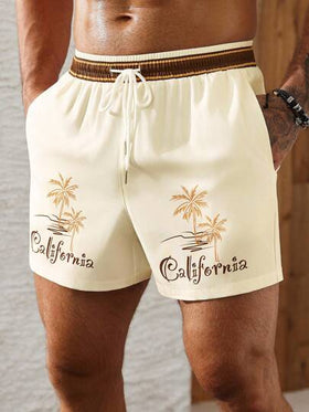 Manfinity Swimmode شورت شاطئ رجالي لفصل الصيف بخصر ربطة سحاب، مطبوع بأشجار جوز الهند والأحرف