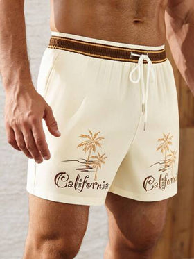 Manfinity Swimmode شورت شاطئ رجالي لفصل الصيف بخصر ربطة سحاب، مطبوع بأشجار جوز الهند والأحرف