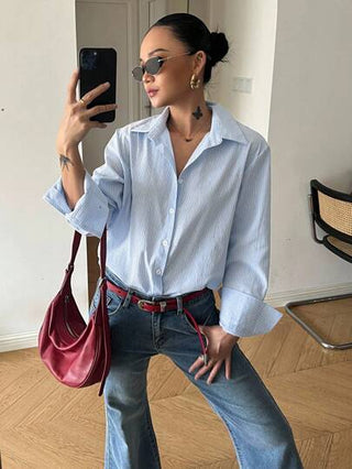 DAZY قميص نسائي طويل الأكمام مخطط، عصري ومناسب للصيف والخريف، ملابس نسائية
