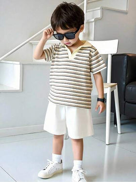 SHEIN Genkimix Kids قميص بولو ذو رقبة مخطط بنمط البلوزة الجامعية للفتيان، مناسب للفتية في عمر 4-7 سنوات للارتداء في الربيع والصيف، مناسب للارتداء في الخارج والمدرسة والمنزل، قطعة واحدة
