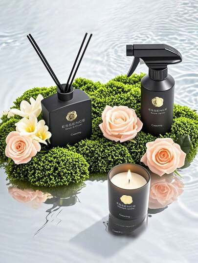 قطعة واحدة من طقم هدايا فاخر من الشموع المعطرة، موزع قصبات 100 مل، رذاذ عطري 150 مل، شمعة معطرة بدون دخان 100 جرام، هدية رقيقة للنساء، عطر غرفة العلاج بالروائح، مناسب جدًا لهدايا عيد الميلاد، هدايا عيد الحب، هدايا عيد الأم.