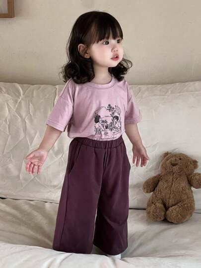 Dazy Kids مجموعة قميص T-شيرت بطباعة الكرتون وبنطلون كاجوال أحادي اللون 2 قطعة للأطفال الصغار ، بيجامات رمضان