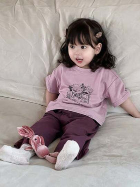 Dazy Kids مجموعة قميص T-شيرت بطباعة الكرتون وبنطلون كاجوال أحادي اللون 2 قطعة للأطفال الصغار ، بيجامات رمضان