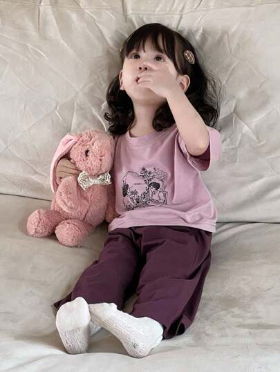 Dazy Kids مجموعة قميص T-شيرت بطباعة الكرتون وبنطلون كاجوال أحادي اللون 2 قطعة للأطفال الصغار ، بيجامات رمضان