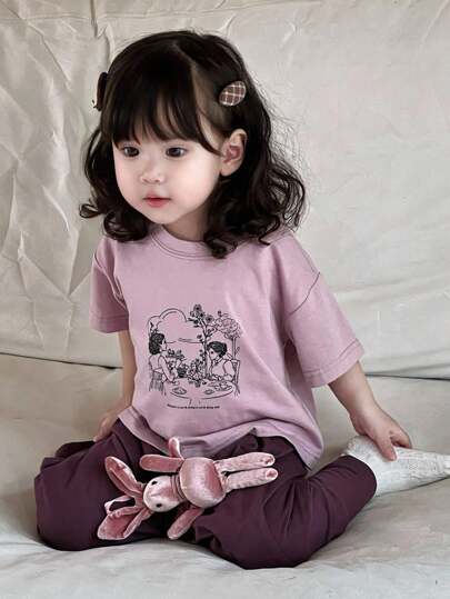 Dazy Kids مجموعة قميص T-شيرت بطباعة الكرتون وبنطلون كاجوال أحادي اللون 2 قطعة للأطفال الصغار ، بيجامات رمضان