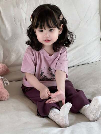 Dazy Kids مجموعة قميص T-شيرت بطباعة الكرتون وبنطلون كاجوال أحادي اللون 2 قطعة للأطفال الصغار ، بيجامات رمضان