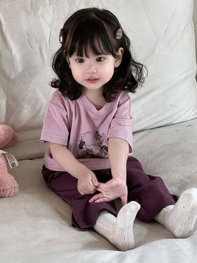 Dazy Kids مجموعة قميص T-شيرت بطباعة الكرتون وبنطلون كاجوال أحادي اللون 2 قطعة للأطفال الصغار ، بيجامات رمضان