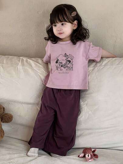 Dazy Kids مجموعة قميص T-شيرت بطباعة الكرتون وبنطلون كاجوال أحادي اللون 2 قطعة للأطفال الصغار ، بيجامات رمضان