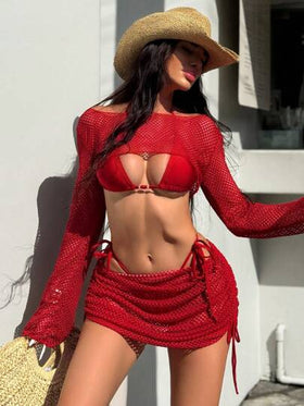 Swim SXY طقم بكيني نسائي مثير من الشبكة الحمراء 4 قطع، باللون البرغندي الداكن الصلب ، ملابس سباحة شاطئية