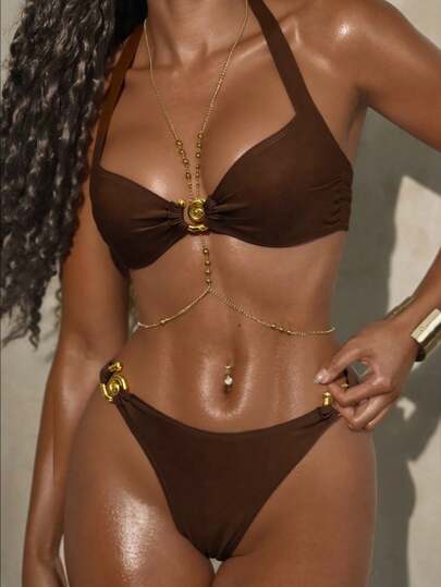 Swim Glamine 2 قطعة بكيني للنساء من معدن بني اللون، إيليغانت وجذاب للاستخدام اليومي أثناء الصيف والعطلات والشاطئ