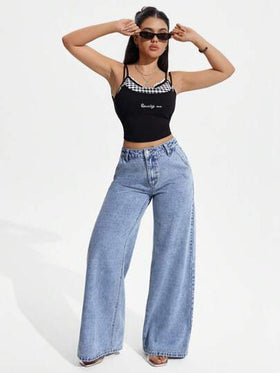 SHEIN PETITE سراويل جينز نسائية ذو خصر عالي وساقات واسعة فضفاضة للحياة اليومية مع جيوب