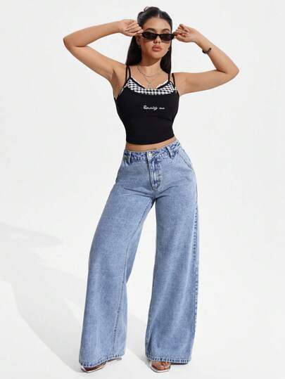 SHEIN PETITE سراويل جينز نسائية ذو خصر عالي وساقات واسعة فضفاضة للحياة اليومية مع جيوب