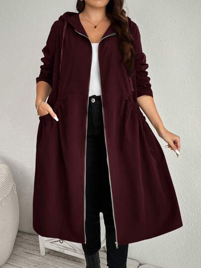 SHEIN LUNE معطف نسائي طويل متوسط الطول مزود بجيوب وقلنسوة للموسم الانتقالي بين الفصول، ملابس شتوية