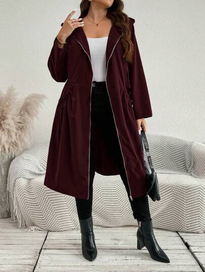 SHEIN LUNE معطف نسائي طويل متوسط الطول مزود بجيوب وقلنسوة للموسم الانتقالي بين الفصول، ملابس شتوية