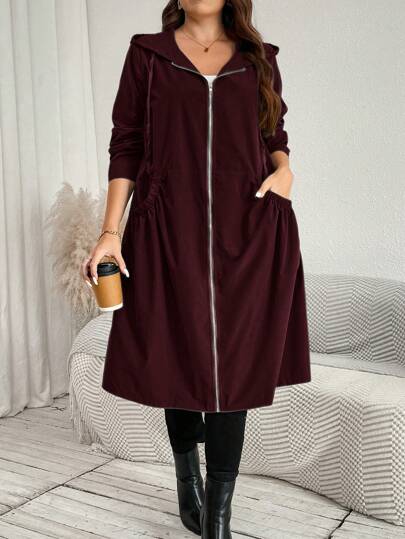 SHEIN LUNE معطف نسائي طويل متوسط الطول مزود بجيوب وقلنسوة للموسم الانتقالي بين الفصول، ملابس شتوية