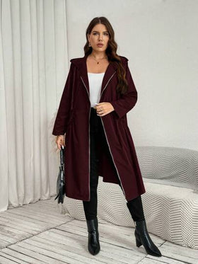 SHEIN LUNE معطف نسائي طويل متوسط الطول مزود بجيوب وقلنسوة للموسم الانتقالي بين الفصول، ملابس شتوية