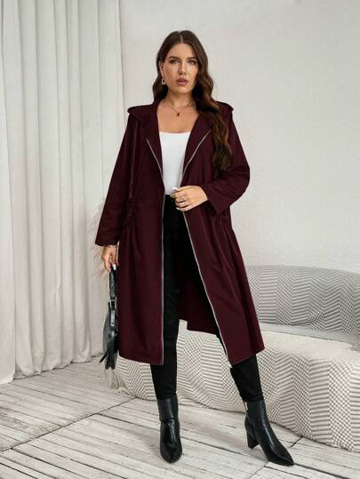 SHEIN LUNE معطف نسائي طويل متوسط الطول مزود بجيوب وقلنسوة للموسم الانتقالي بين الفصول، ملابس شتوية