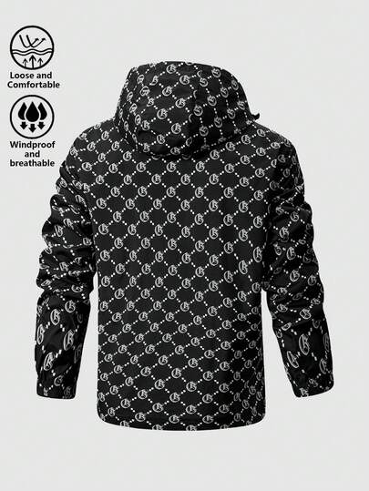 معطف رياح مطبوع بالكامل للرجال، جاكيت بومبر كاجوال ذات قبعة وسحاب للخريف/الربيع للارتداء في الخارج