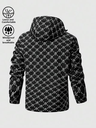 معطف رياح مطبوع بالكامل للرجال، جاكيت بومبر كاجوال ذات قبعة وسحاب للخريف/الربيع للارتداء في الخارج