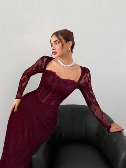 Aloruh فستان ماكسي ضيق بأسلوب حمالة الصدر شبكي بأكمام طويلة جديد للخريف/الشتاء للحفلات/ليلة المواعدة/المساء، بلون أسود