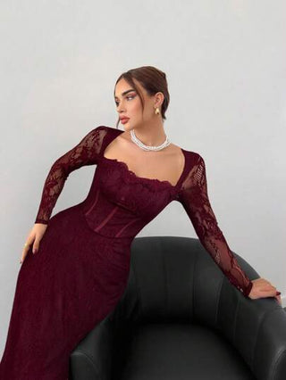 Aloruh فستان ماكسي ضيق بأسلوب حمالة الصدر شبكي بأكمام طويلة جديد للخريف/الشتاء للحفلات/ليلة المواعدة/المساء، بلون أسود