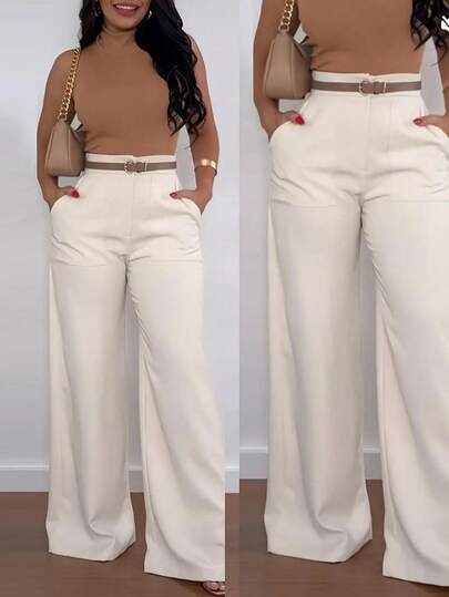 بنطلون نسائي عصري ذو خصر عالي وساق مستقيمة فضفاضة وكاجوال