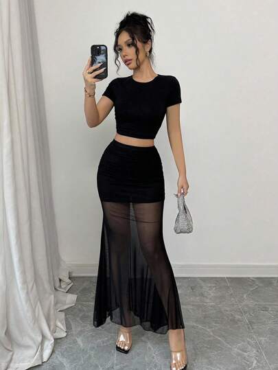 Elenzga تنورة نسائية أنيقة بتصميم ذيل السمكة مع قطع من الشبك