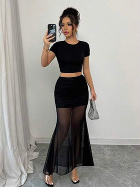 Elenzga تنورة نسائية أنيقة بتصميم ذيل السمكة مع قطع من الشبك