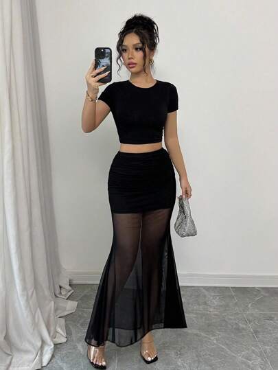 Elenzga تنورة نسائية أنيقة بتصميم ذيل السمكة مع قطع من الشبك