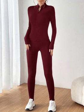 SHEIN EZwear طقم رياضي قطعتين لون أحمر معتق (كردينال) - جاكيت سحاب وتنورة جينز